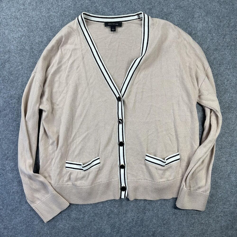Ann Taylor Sweater Womens Large Beige Button Cardigan Pockets Striped Trim